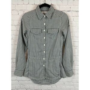 COLUMBIA white gray gingham high low logo pockets button down shirt top size XS